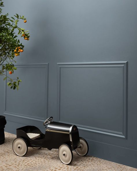 A dark, moody gray sharpened with a hint of blue. Boys Bedroom Paint Color, Dark Blue Grey Paint, Blue Gray Nursery, Blue Boys Bedroom, Paint Color Swatches, Boys Room Blue, Benjamin Moore Blue, Nursery Paint Colors, Boy Room Paint