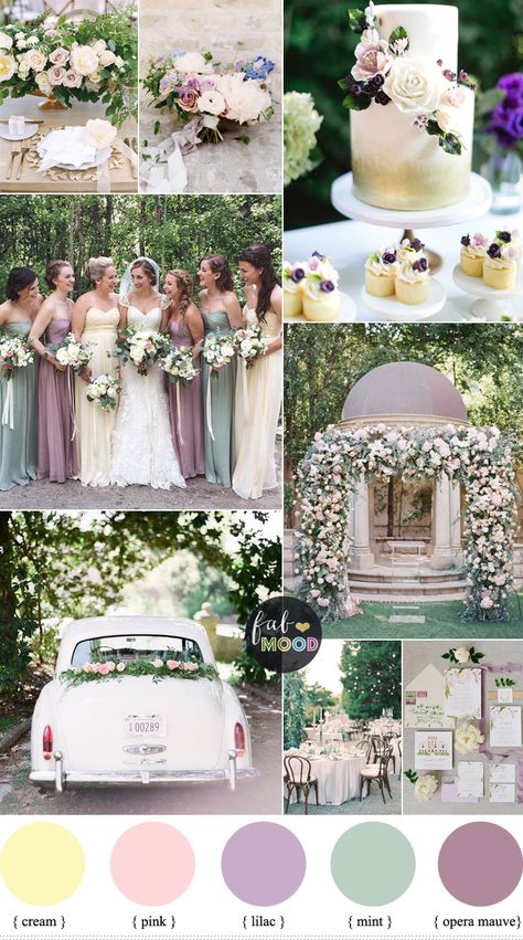 Pastel Wedding Colour Palette { Cream,Lilac,Mauve and Mint green wedding } fabmood.com #wedding #springwedding #weddingcolor #mauvewedding #lilacwedding #pastelwedding Pastel Wedding Colors, Wedding Color Schemes Spring, Spring Wedding Color Palette, Wedding Mint Green, Lilac Colour, Mauve Wedding, Wedding Colour, Lilac Wedding, Spring Wedding Colors