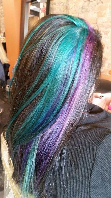 Teal and purple with black hair! . Loving my hair color right now!! Purple With Black Hair, Teal Hair Streaks, Purple And Teal Hair, Purple Streaks, Chunky Highlights, Teal Hair, Purple And Teal, Hair Streaks, Long Hair Color