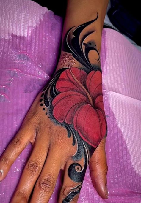 Maia Shamar - Maia Shamar added a new photo. Tattoo Ideas Black Women Hand, Hibiscus Flower Hand Tattoo, Cute Girly Tattoos Ideas, Wrist Tattoos For Black Women, Hand Tattoo Cover Up Ideas, Full Hand Tattoos For Women, Colorful Tattoos For Black Women, Dope Hand Tattoos For Women, Hand Tattoos For Girls