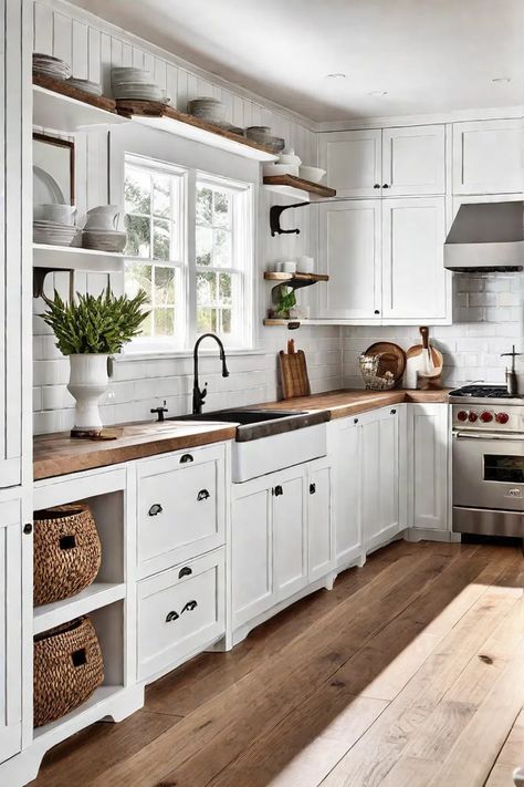 A cozy coastal kitchen with shiplap walls white cabinets and natural wood Shipload Kitchen, Shiplap Splashback Kitchen, Kitchen Backsplash Natural Wood Cabinets, Kitchen Lower Cabinets Only Open Shelves, Kitchen Shiplap Backsplash, Ship Lap Kitchen, Kitchen With Shiplap Walls, White Upper Cabinets Wood Lower, Shiplap Backsplash Kitchen