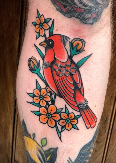 Perched cardinal #cardinaltattoo #birdtattoo #neotraditional #traditional Red Bird Tattoos, Cardinal Tattoo, Cardinal Tattoos, Patriotic Tattoos, Tattoos Mandala, Traditional Tattoo Sleeve, Tattoos Geometric, Leg Sleeve Tattoo, Large Tattoos