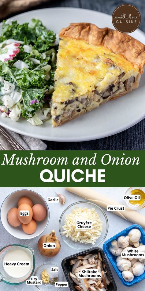 This savory Mushroom Quiche is a must-eat for mushroom lovers! Big mushroom flavor, paired with onions and gruyère cheese in a flaky crust. Mushroom Egg Recipes, Quiche Recipes With Mushrooms, Mushroom Quiche Recipes, Quiche With Mushrooms, Sausage Mushroom Quiche, Quiche Mushroom, Mushroom Quiche Crustless, Mushroom Onion Quiche, Work Salads