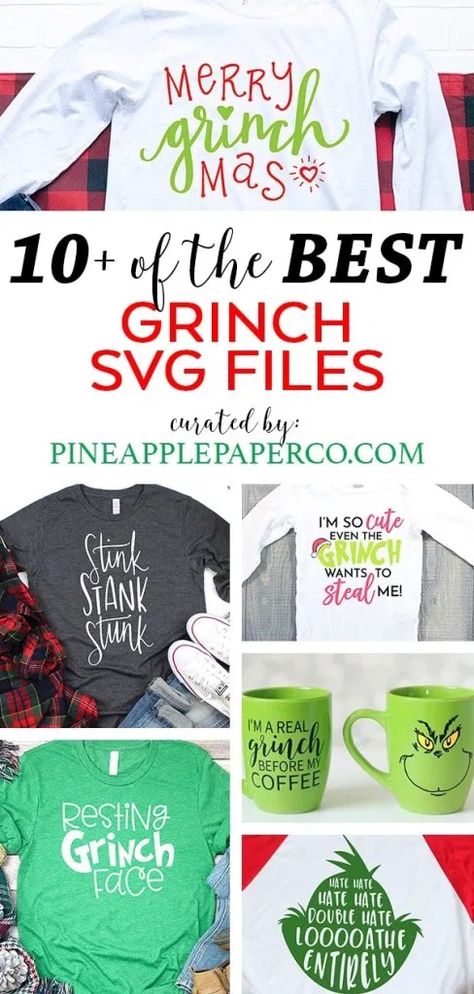 Download the BEST Grinch SVG Cut Files for Making Grinch shirts, ornaments, and other Christmas DIY crafts with Cricut and Silhouette Machines - curated by Pineapple Paper Co. #cricut #silhouettecameo #freesvg #svgfiles #christmasshirt #grinch #cricut #cricutmade #grinchsvg #grinchshirt #diyornament #freecutfiles #svgcutfiles Diy Grinch Shirt, Crafts With Cricut, Grinch Svg Files, Grinch Diy, Grinch Cricut, Grinch Crafts, Hate Christmas, Grinch Shirts, Grinch Ornaments