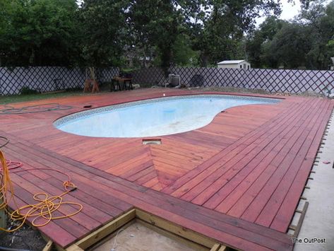 Image shared by Kacey Musgraves. Find images and videos about inground pool deck ideas, inground pool patios and inground pool ladders on We Heart It - the app to get lost in what you love. Pool Deck Wood, Iron Deck Railing, Painted Pool Deck, Wooden Pool Deck, Pool Deck Ideas Inground, Wood Pool Deck, Pool Deck Kits, Grass Backyard, Decks Around Pools