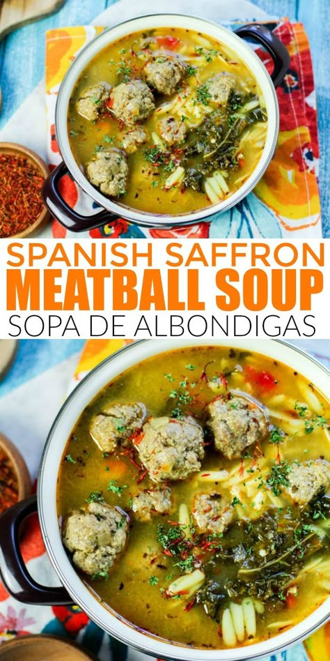 Salvadorian Soup, Iberian Recipes, Spanish Soup Recipes, Spanish Soups, Soup Meatball, Spain Recipes, Albondigas Soup Recipe, Spanish Soup, Spanish Saffron