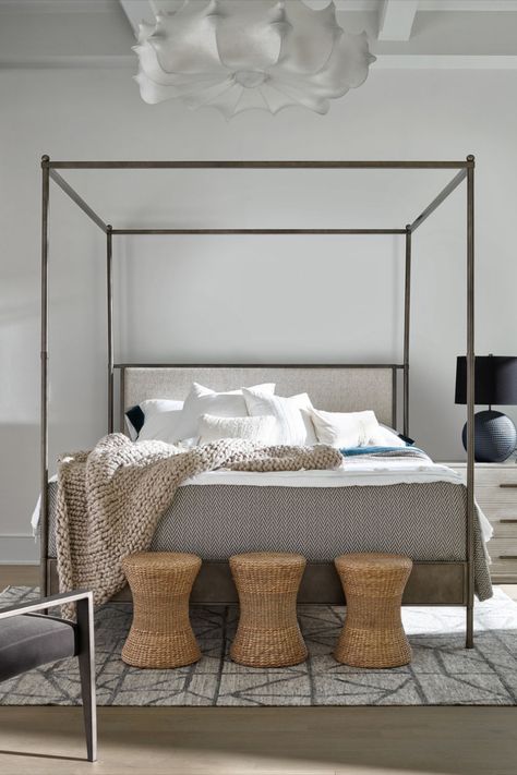 Rustic, cottage style meets modern design in the Modern Farmhouse collection by Universal Furniture. Farmhouse Canopy Beds, Blue Upholstered Bed, Iron Canopy Bed, King Poster Bed, Queen Upholstered Bed, Modern Farmhouse Design, Bedroom Space, King Bed Frame, Poster Bed