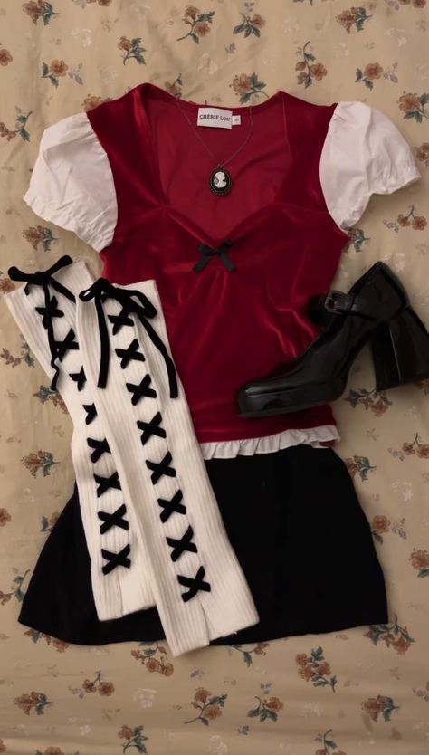 Casinocore Outfit, Cherry Clothes Aesthetic, Black And Red Coquette, Heathers Aesthetic Outfit, Cherry Outfits Ideas, Cherry Outfit Aesthetic, Dark Red Outfit Aesthetic, Red Coquette Outfit, Cherry Outfit Ideas