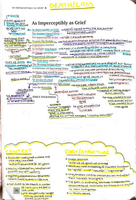 As imperceptibly as grief by Emily Dickinson annotation analysis exam board wjec eduqas English literature poetry Persuasion Annotations, Eduqas Poetry Anthology, Annotating Poetry, Gcse Poetry Anthology, Poetry Revision, English Literature Poems, Literature Analysis, Revision Gcse, Gcse Poems