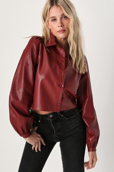 https://www.pinterest.com/pin/283445370292957174/ Leather Button Up, Cotton Lycra Fabric, Long Sleeve Wrap Top, Gloves Fashion, Balloon Sleeve Top, Lulu Fashion, Lycra Fabric, Trendy Top, Girls Outfits