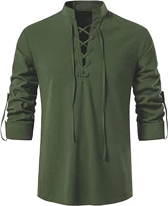 Bracelet Viking, Pirate Shirts, Blouse Cotton, Long Sleeve Tee Shirt, Mens Henley, Linen Shirt Men, Tops Long Sleeve, Fall Wear, Wear Green