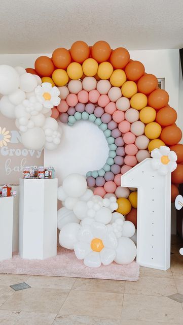 Groovy Rainbow Birthday Party, Groovy One Balloons, 70s Balloon Garland, Hippie Birthday Party Decoration, Groovy First Birthday Girl, Groovy One First Birthday Cake, Groovy Balloon Arch, Groovy 1st Birthday Party, Groovy Birthday Decorations