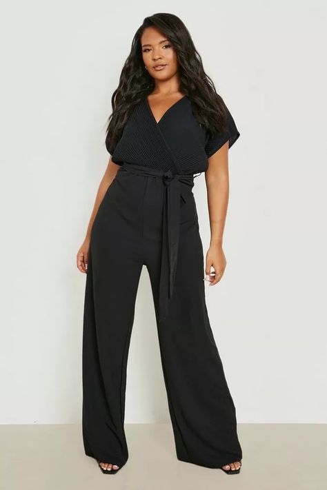 Plus Plisse Wrap Front Jumpsuit | boohoo Plus Size Semi Formal Outfits, Plus Size Dressy Outfits, Black Jumpsuit Plus Size, Gothic Boutique, Night Out Plus Size Outfits, Plus Size White Jumpsuit, Plus Size Romper Jumpsuits, Jumpsuit Outfits, Black Wardrobe