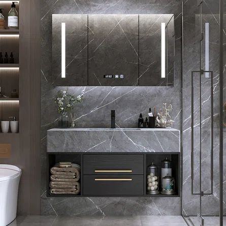 Mercer41 Guiles 40" Single Bathroom Vanity Set | Wayfair Gray Marble Bathroom, Modern Luxury Bathroom, Cultured Marble Vanity Top, Wall Mounted Bathroom Cabinets, Bathroom Vanity Designs, Hallway Bathroom, Floating Bathroom Vanity, Marble Vanity, Vanity Design