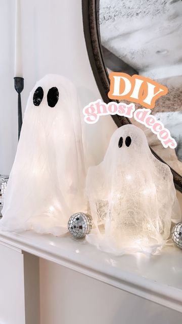 Jordyn Wilson • DIYs ✨ Seasonal Inspo ✨ Motherhood on Instagram: "👻 DIY Ghost Mantle Decor 👻 These are so cute and fun!! I love that they’re see-through, which is why I used the gauze instead of the cheesecloth but both work great! A few important notes/tips: 👻 You can layer the gauze clothe if you want to make it a little more sturdy. I wouldn’t do more than 2 layers because you want it to still be see-through. 👻 I used gauze I had from previous decor, but if you buy it new, you can make do Gauze Crafts Ideas, Gauze Ghosts Diy, Ghosts Made With Cheesecloth, Diy Gauze Ghost, Making Ghosts Out Of Cheesecloth, Diy Ghosts Outdoor Cheesecloth, Cheesecloth Ghost Cornstarch, Cheesecloth Ghost With Liquid Starch, Cheesecloth Ghost