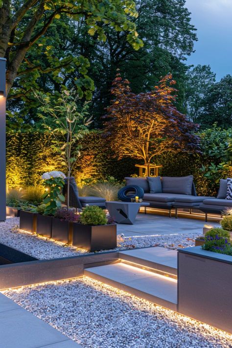 Outside Landscape Ideas, Modern Backyard Lighting, Garden Lounge Ideas, Backyard Room Ideas, New Build Garden Ideas Uk, Turf Backyard Ideas, Modern Garden Inspiration, Small Modern Garden, Garden On The Roof