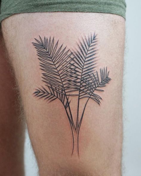 Palm branches tattoo on the left upper thigh Palm Branch Tattoo, Palm Leaf Tattoo, Indoor Palm, Spruce Branch, Indoor Palm Trees, Watercolour Tattoos, Fountain Pen Drawing, Indoor Palms, Leaf Tattoo