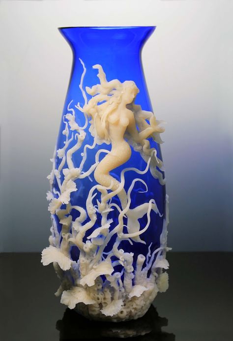 Marlene Brady:  Translucent clay sculpted on glass. Mermaid Brooch, Mermaid Vase, Translucent Clay, Clay Jar, Polymer Inspiration, Altered Bottles, Polymer Crafts, Chinchillas, Poly Clay