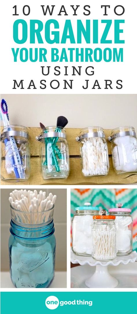 Mason jars are a workhorse in the kitchen, and they can even help you organize your bathroom too! Check out these 10 brilliant ideas for using mason jars to store, display, and organize almost anything in your bathroom. Diy Hanging Shelves, Mason Jar Bathroom, Mason Jar Projects, Diy Bathroom Storage, Bathroom Organization Diy, Closet Organization Diy, Wine Bottle Diy Crafts, Mason Jar Crafts Diy, Wine Bottle Diy