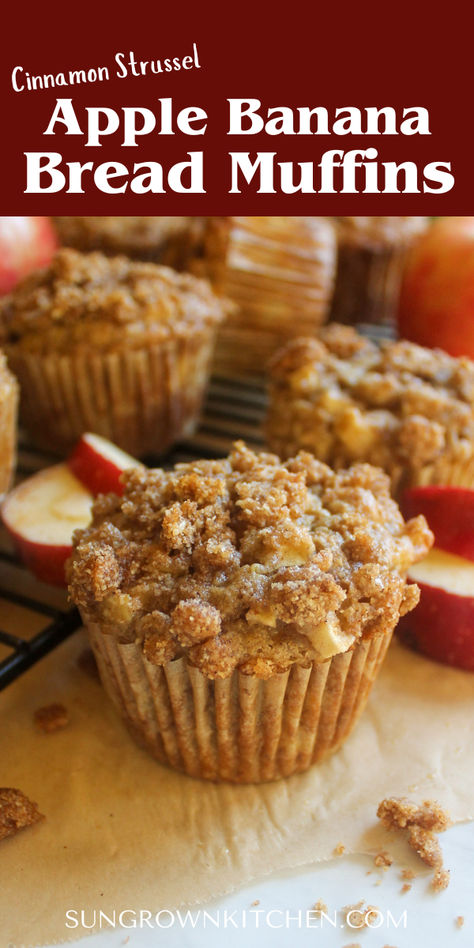 Apple Banana Bread Muffins are a fall baking favorite, but delicious any time of year! Packed with 2 apples, 2 bananas, almond flour, applesauce and real maple syrup with a cinnamon crumble topping, these healthier Banana Bread Applesauce Muffins make the perfect breakfast, snack or treat! Apple Bake Breakfast, Applesauce Banana Bread Recipe, Cranberry Apple Muffins, Apple Sauce Oatmeal Muffins, Cinnamon Banana Bread Muffins, Bake With Applesauce, Apple And Banana Recipes, Healthy Kids Muffins, Apple Muffins With Fresh Apples