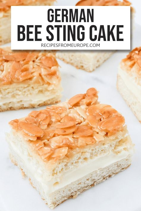 Want to make a delicious Bienenstich? German Bee Sting Cake - with its crunchy almonds on top and a creamy filling - is quite easy to make! #germanrecipes #cakerecipes Bee Sting Cake Recipe Easy, Bee Sting Cake Recipe, German Bee Sting Cake, German Cakes Recipes, Bienenstich Recipe, Bee Sting Cake, Homemade Vanilla Pudding, Almond Flour Cakes, Custard Cake