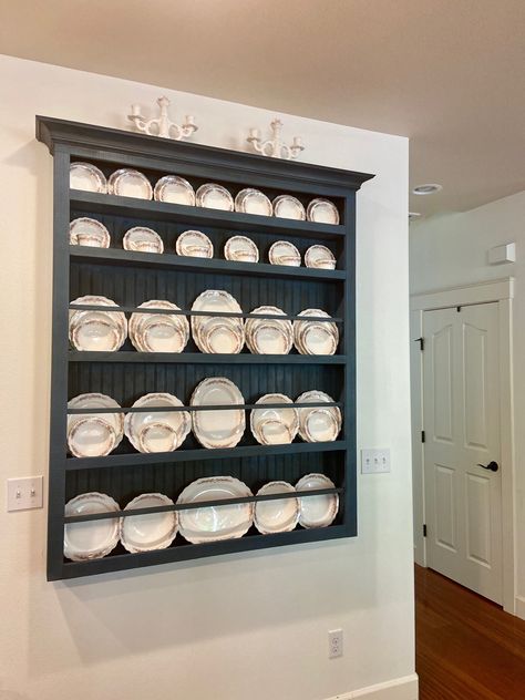 Large Plate Rack, Plate Rack Dining Room, Wall China Display, Plates Above Kitchen Cabinets, China Display Ideas Wall, Ways To Display China, Plate Shelf Display, China Wall Display, Plate Racks Wall Display