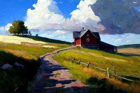 size: 18x12in Art Print: American Landscape with Red Barn by Avril Anouilh : Urban Painting, American Landscape, Barn Painting, Barn Art, Scenery Paintings, Farm Art, Architecture Painting, Landscape Art Painting, American Painting