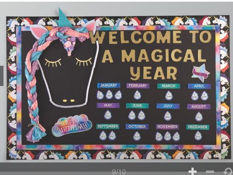 Birthday Bulletin Boards, Magic Theme, Birthday Bulletin, Library Bulletin Boards, Classroom Birthday, Lakeshore Learning, Bulletin Board Borders, Ra Ideas, Scalloped Border