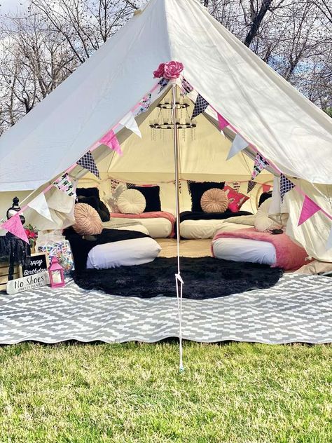 Glam Camping Birthday Party, Camping Tent Birthday Party Outdoor, Tent Camping Birthday Party, Sweet 16 Glamping Bday Party, Glamping Birthday Party Ideas Tent Backyard Camping, Kids Glamping Party, Glamping Bday Party Ideas, Tp Tent Birthday Party, Backyard Glamping Birthday Party