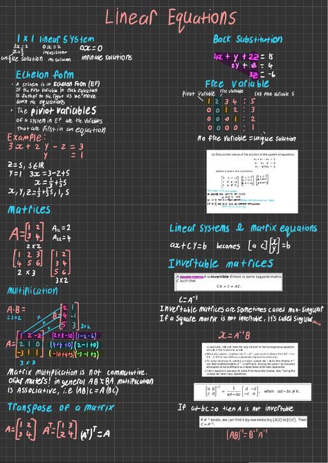 Linear Equations - Linear Equations 1 × 1 linear system Back substitution 32=2 02= 7= incos/-en+ 02= - StuDocu Math Notes Linear Equations, System Of Linear Equations, Linear Algebra Notes, Linear Equations Notes, Linear Equations Project, Linear Equations Activity, Matrices Math, Algebra Notes, Equations Notes