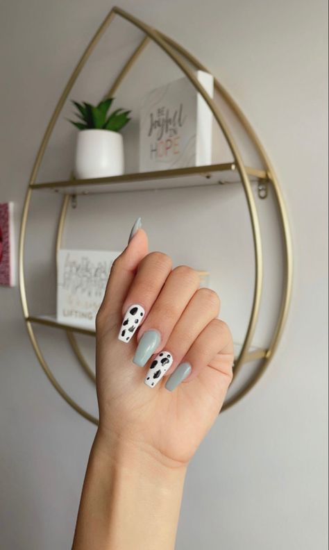 Mint Green Cow Print Nails, Sage Green Cow Print Nails, Green Cow Print Nails, Mint Green Nails With Design, Nails With Cow Print, Western Style Nails, Weather Nails, Marvel Nails, Rodeo Nails