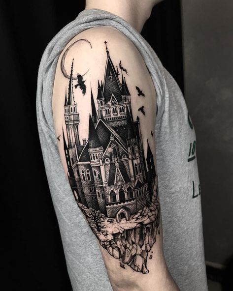 Harry Potter Tattoo Sleeve, Tatuaje Studio Ghibli, Hogwarts Tattoo, Hp Tattoo, Castle Tattoo, Creepy Tattoos, Halloween Tattoo, Full Sleeve Tattoos, Dark Arts