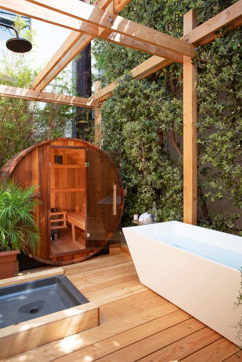 LA spas and wellness spots for relaxation and rejuvenation | Wallpaper Outdoor Wellness Area, Outdoor Spa Area Ideas, Sauna Patio, Jungle Spa, Outdoor Shower Enclosure, Dream Spa, Spa Area, Family Compound, Community Hub