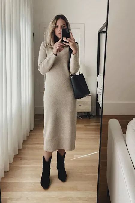 Long Grey Sweater Dress Outfit, Knit Dress With Boots, White Sweater Dress With Boots, Long Sweater Dress Outfit Winter, Beige Sweater Dress Outfit, Long Sweater Dress With Boots, Midi Sweater Dress Outfit, Long Sweater Dress Outfit, Sweater Dress With Boots