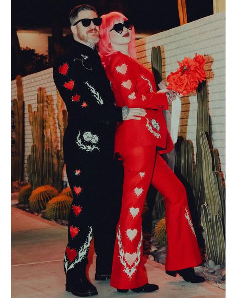 Finally able to share these Vegas elopement suits for @meredithxhurley and @hurleyxvx ❤️‍🔥 Hearts, flames, barbed wire and dice with… | Instagram Orville Peck, Andy Hurley, Vegas Elopement, Deez Nuts, Chain Stitch Embroidery, Free Motion Embroidery, Ding Dong, Barbed Wire, Vegas Wedding