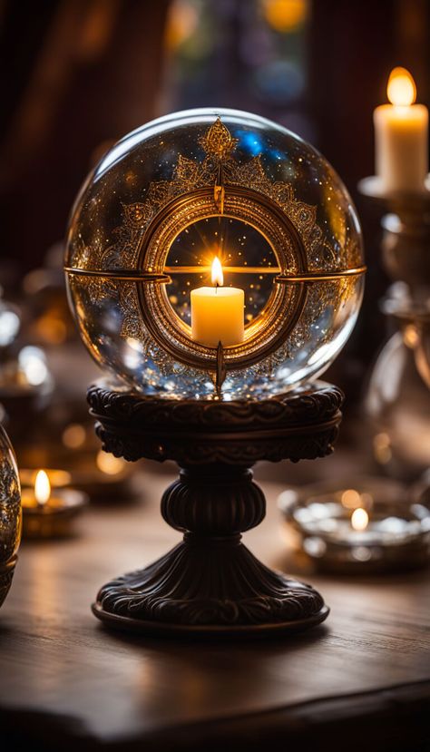 Decoration - Crystal Ball with the universe inside lit by a candle - AI creation Fortune Teller, Lantern Lights, Crystal Ball, The Universe, Lanterns, Universe, Candles, Queen, Crystals