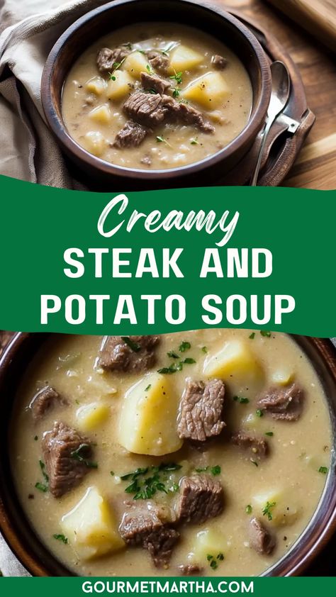 Warm up with this creamy steak and potato soup, a perfect blend of tender steak, creamy potatoes, and savory spices. This delicious dish is a must-try for anyone craving a filling and comforting dinner. It's easy to make and guarantees satisfaction in every spoonful. Whether you're looking for cozy dinner recipes or a new comfort food favorite, this creamy soup has you covered. Make this dish tonight – grab the recipe! #SteakAndPotatoSoup #ComfortFood #DinnerRecipes #EasyDinnerIdeas #... Steak Soup Crockpot, Husband Recipes, Chili Sweet Potato, Basil Tomato Soup, Cozy Dinner Recipes, Steak Soup Recipes, Potato Soup Creamy, Creamy Steak, Steak And Potato Soup