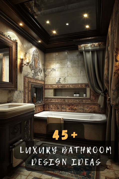 Redefine elegance with 45 luxury bathroom ideas that combine style and sophistication. Featuring chic decor, marble finishes, and modern amenities, these bathrooms offer an exquisite retreat. Click to discover these elegant inspirations and let your bathroom be a testament to refined taste! 🖤🏠 #LuxuryBathroom #ElegantDesign #ChicDecor #MarbleFinishes #ModernAmenities #BathroomInspo #RefinedTaste Royal Bathroom Aesthetic, Romantic Master Bath, Hotel Bathroom Ideas, Master Bath Design Ideas, High End Bathroom Design Luxury, Luxury Powder Room Design, Small Luxury Bathroom Ideas, Small Luxury Bathroom, Luxury Bathroom Ideas