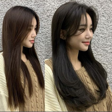 Korean Haircuts For Medium Hair, Layered Hair Korean Long, Trending Korean Haircut, Korean Long Haircut With Bangs, Long Layers With Curtain Bangs Asian, Long Layered Hair Asian Straight, Korean Hair Color 2023, Korean Layered Haircut With Bangs, Kpop Layered Hair