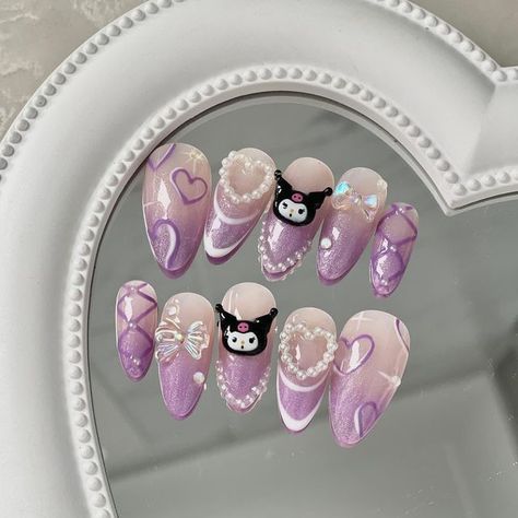 Purple Sanrio Nails, Sanrio Nails Acrylic Kuromi, Kuromi Press On Nails, Press On Nails Y2k, Press On Nails Korean, Cute Kuromi Nails, Kuromi Nails Purple, Kuromi Short Nails, Sanrio Press On Nails