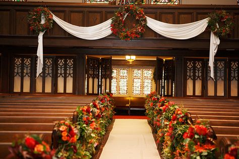 Country Club Christian Church Aisle Arrangements by Blue Bouquet, www.bluebouquet.com Lent Decorations For Church, Advent Church Decorations, Aisle Arrangements, Ceremony Decorations Church, Christmas Ceiling Decorations, Church Aisle, Church Christmas Decorations, Christmas Stage, Orange Wedding Flowers