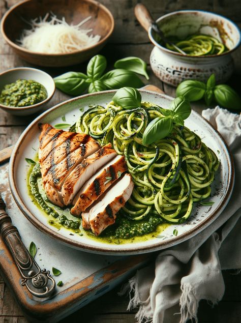 Grilled Chicken with Pesto Zucchini Noodles - World Cuisines Network Grilled Chicken With Pesto, Chicken With Pesto, Italian Food Photography, Best Pesto, Pesto Zucchini, Zucchini Noodles With Pesto, Pesto Zucchini Noodles, Pesto Chicken, Zucchini Noodles