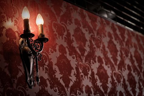 sconce, burnt velvet wallpaper and subway tile | Flickr - Photo Sharing! Victorian Brothel Aesthetic, Victorian Brothel, Brothel Aesthetic, Victorian Gothic Wallpaper, Victorian Gothic Bedroom, Victorian Gothic Clothing, Victorian Gothic Interior, Victorian Gothic Aesthetic, Victorian Gothic House