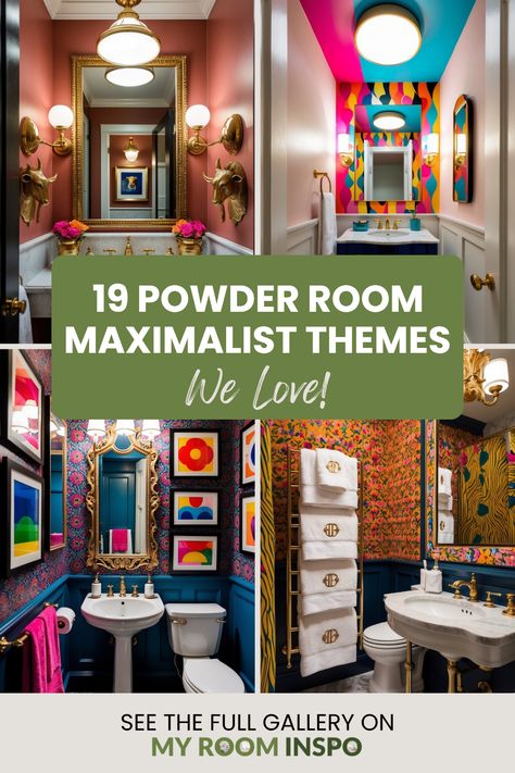 Explore 19 captivating maximalist powder room themes with bold colors, unique textures, and gorgeous accessories. This pin highlights decor inspiration using four different and stunning images that promise to enhance your cozy space. Katie Kime Wallpaper Bathroom, Maximalist Restroom, Fun Powder Bathroom, Downstairs Loo Decor Ideas, Small Bathroom Maximalist, Small Bathroom Ideas Colorful, Eclectic Half Bath, Funky Half Bath, Purple Green Bathroom