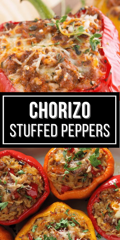 Chorizo Stuffed Peppers is a mouthwatering dish that combines the savory goodness of spicy pork sausage with the sweet, tender bite of fresh bell peppers for a meal the whole family will love. This yummy easy prep and family favorite dish will add some spice and excitement to your dinner routine. Cheeses Corn, Chorizo Stuffed Peppers, Chorizo Recipes Dinner, Corn And Black Beans, Mexican Main Dishes, Stuffed Peppers Recipe, Mexican Flavors, Chorizo Recipes, Chorizo Sausage