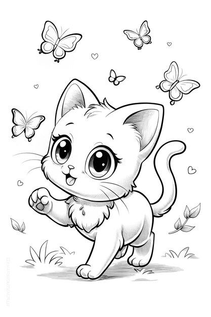 Photo childrens coloring page cute anime... | Premium Photo #Freepik #photo Art For Coloring Anime, Catching Butterflies, Anime Kitten, Winnie The Pooh Pictures, Bible Verse Coloring, Coloring Sheets For Kids, Cat Coloring Page, Cartoon Coloring Pages, Cartoon Background