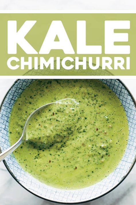 Kale Chimichurri: lots of kale and green herbs, olive oil and lime juice, any nuts/seeds you have on hand, and a punch of garlic and red pepper flakes. THE BEST. | pinchofyum.com Kale Sauce, Green Herbs, Chimichurri Recipe, Salmon Tacos, Sides Recipes, Veggie Food, Kale Recipes, Chimichurri Sauce, Greek Food