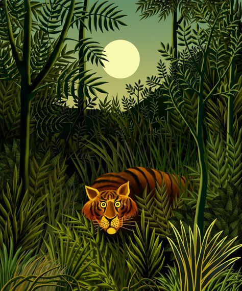 Tiger, Tiger by ravenscar45 Tiger Jungle Illustration, Concrete Jungle Aesthetic, Tiger Art Illustration, Jungle Portrait, Tiger In Forest, Henri Rousseau Paintings, Endangered Species Art, Jungle Animal Art, Jungle Painting