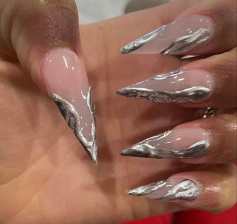 Pointy Silver Nails, Stelito Nails, Sliver Nails, Stilleto Nails Designs, Long Acrylic Nail, Long Acrylic Nail Designs, Girly Acrylic, Nail Time, 28th Birthday