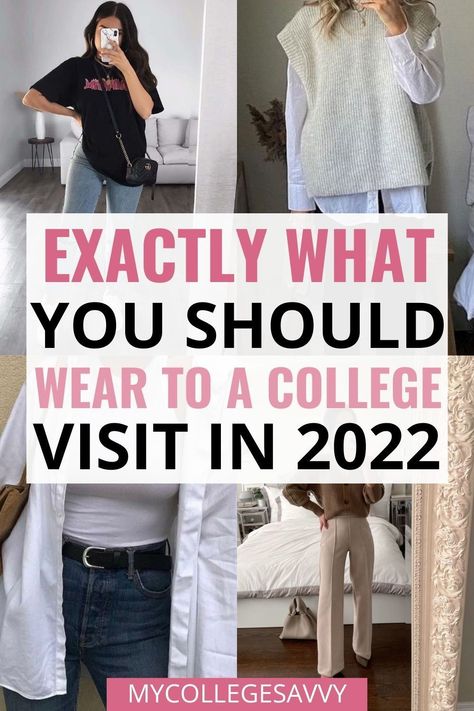 Love these outfit ideas for what to wear on a college visit College Moms Weekend Outfit, College Visit Outfit Summer, College Tour Outfit Fall, College Tour Outfit Winter, Outfit Ideas For College Students Summer, Mba College Outfit, Outfits For College Tours, What To Wear To A College Visit, Campus Tour Outfit